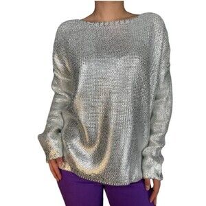 MANGO Women’s Silver Metallic Coated Oversized Sweater size S Boho Disco Y2K
